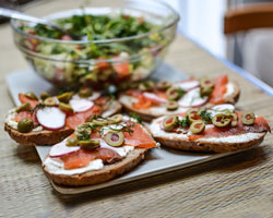 Bread with olives Salmon horseradish